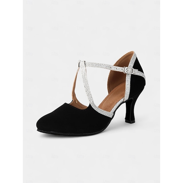  Zapatos de baile latino elegantes de gamuza negra para mujer con suela de gamuza suave y correa con brillo | Perfectos para practicar y actuar