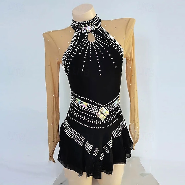  Vestidos para Patinação Artística Mulheres Para Meninas Patinação no Gelo Vestidos Preto Patchwork Thumbhole Com Transparência Elasticidade Alta Treino Competição Roupa para Patinação Clássico