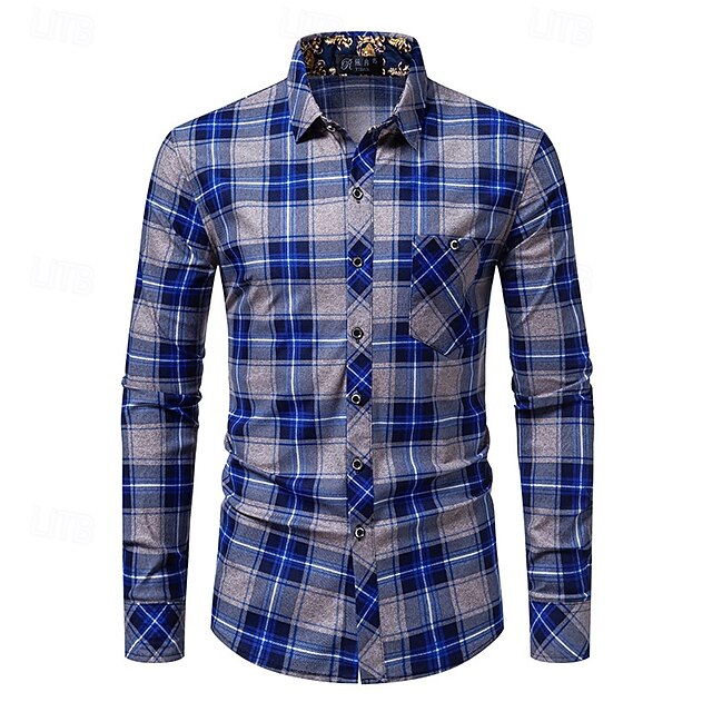  Herren Hemd Sommerhemd Freizeithemd Knopfhemd Karierte Hemden Rote Blau Langarm Karomuster Revers Urlaub Ferien Button-Down Bekleidung Polyester Mode Lässig Bequem