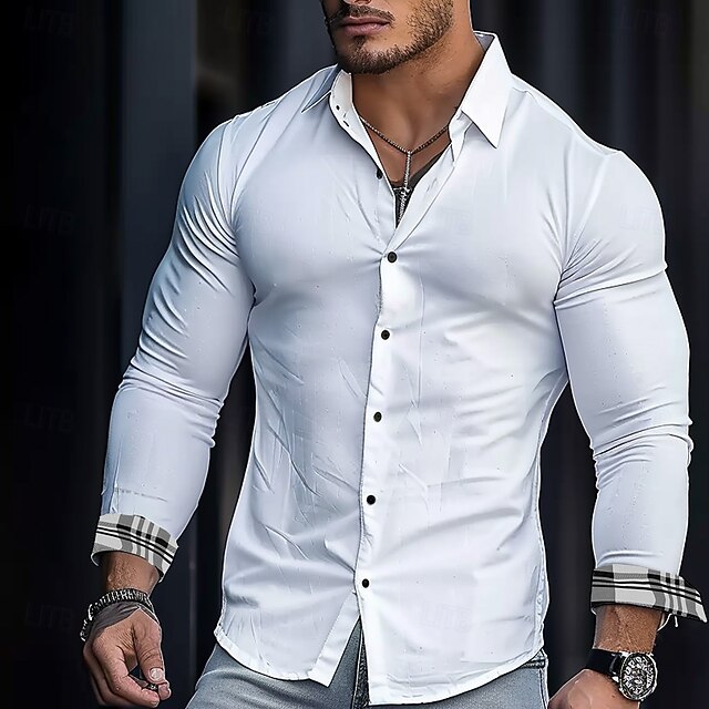 Men's Plaid / Check Dress Shirt Casual Shirt Button Up Shirt Long Sleeve Business Casual Formal Business Casual Spring Fall Turndown Button Up White4