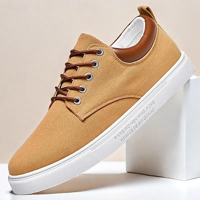  sneakers da uomo in tela marrone chiaro con design allacciato, scarpe casual eleganti e comode per l'uso quotidiano