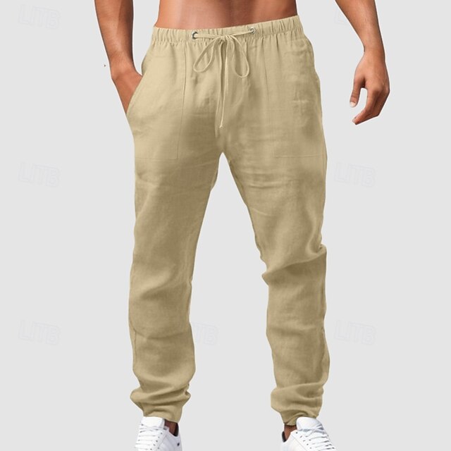  Homens Calças de linho Calças Calça verão Calças de gaze Com Cordão Cintura elástica Bolso frontal Tecido Conforto Respirável Comprimento total Casual Diário Feriado Moda Estilo Clássico ダークカーキ Preto