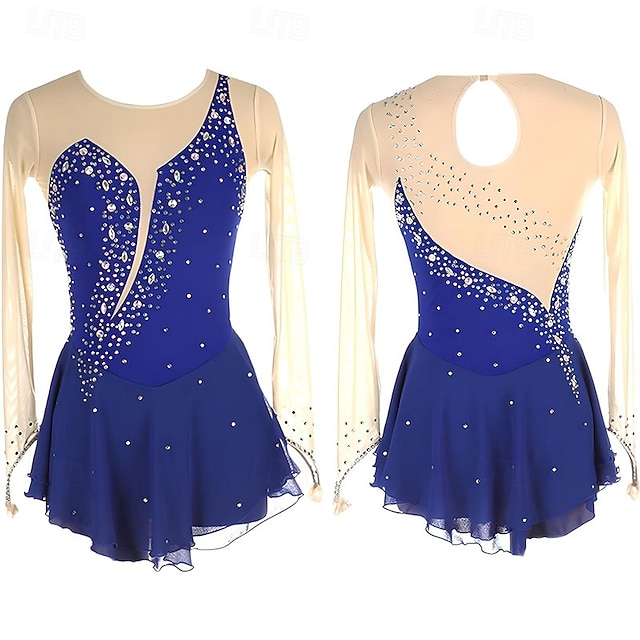  Robe de patinage artistique Femmes Fille Patinage Robe Noir Rouge Bleu Trou de pouce Ourlet asymétrique Maille Haute Élasticité Entraînement Compétition Tenue de Patinage Classique cristal pailleté