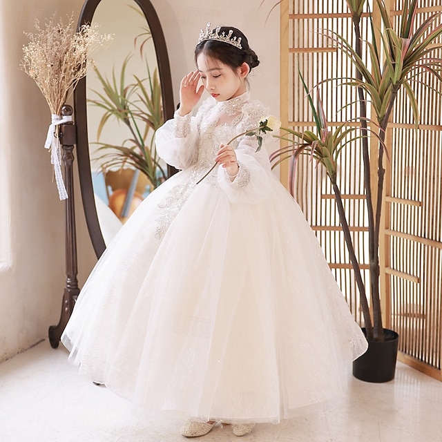  Bloemenmeisjesjurk kinderen Voor meisjes Prinses jurk Prestatie Bruiloft Feest Elegant Mooi Netstof Effen Kleur Lange mouw Opstaande boord Wit 4 jaar +