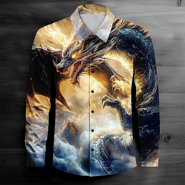  Men's Dragon Collared Shirt Button Up Shirt Long Sleeve Dark Causal Casual Spring Fall Turndown Button Up Yellow