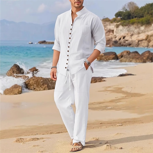  Per uomo camicia di lino 2 pezzi Completo di camicia Camicia estiva Set abbinati Camicia da spiaggia Liscio Da mare Curise Nero Bianco Blu Manica lunga Colletto alla coreana Primavera estate