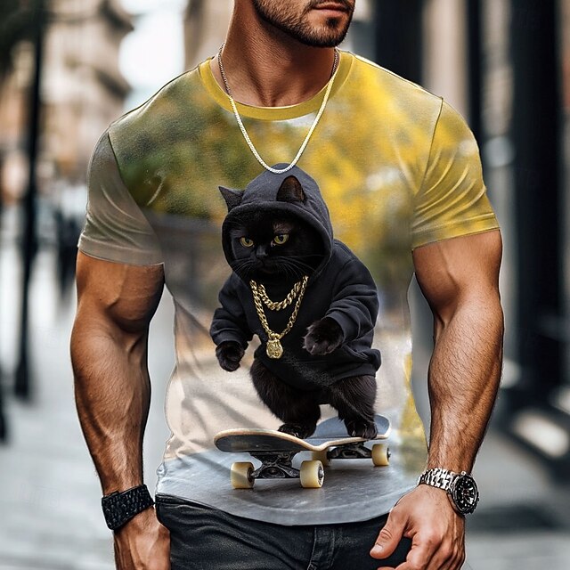 Men's Cat Funny T Shirt Short Sleeve T shirt 3D Print Crew Neck Shirt Exaggerated Designer Party Holiday Yellow Summer Spring Clothing Apparel S M L XL XXL XXXL4
