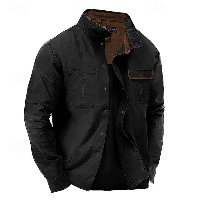  Men's Shirt Summer Shirt Casual Shirt Button Up Shirt Cargo Shirt Black Navy Blue Green khaki Long Sleeve Solid Color Collar Vacation Daily Clothing Apparel Fashion Casual Comfortable