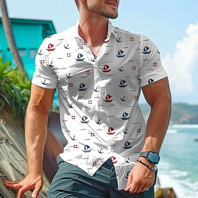  Bărbați Navă Cămașă hawaiană Cămașă Aloha Manșon scurt Hawaiană Casual Stațiune Vacanță Casual Vară Primăvară Răsfrânt Butonul sus Negru Alb