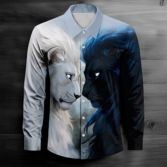 Men's Wolf Casual Shirt Button Up Shirt Long Sleeve Dark Spring Fall Turndown Button Up Dark Blue4