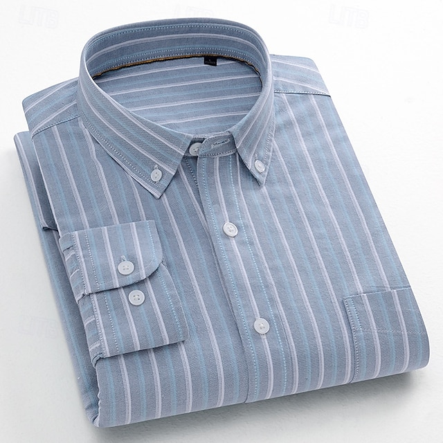  Men's 100% Cotton Oxford Shirt grey blue Light Green Pink Purple Long Sleeve Striped Button Down Collar School Wedding Buttons Clothing Apparel Neutral Fashion Daily