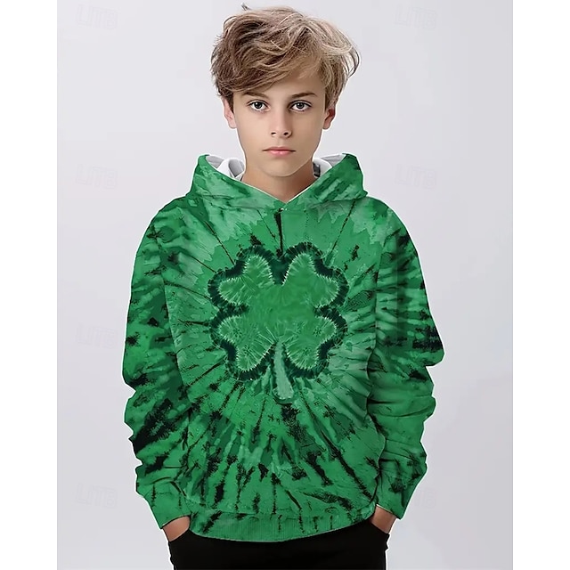  Pojkar 3D Grafisk Fyrklöver Huvtröja Långärmad Vår Höst Mode Streetwear Barn 4-12 år Huva Utomhus Ledigt Dagligen Normal