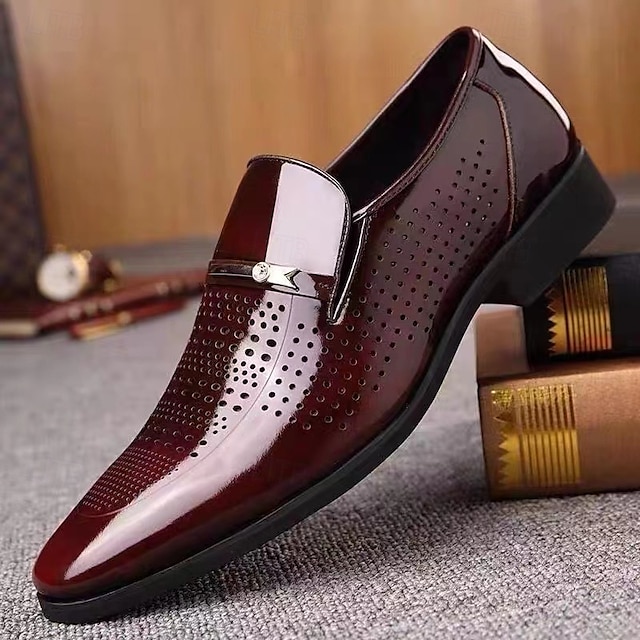  pánské hnědé lakované mokasíny z umělé kůže – prodyšné perforované slip-on společenské boty pro obchodní i formální příležitosti