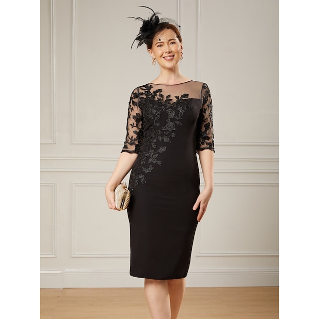  Abito Sheath  Colonna Abito per la Madre della Sposa Elegante Collo Illusione Lunghezza al Ginocchio Corto  Mini Tessuto in Pizzo Elasticizzato Manica Mezza con Perline Ricamate Abito da Corsa