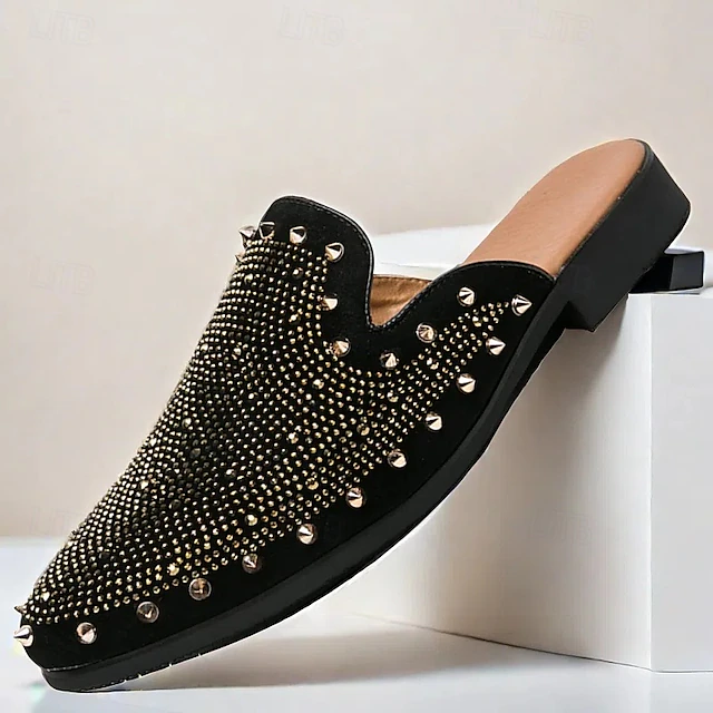 Men's Black Studded Slip-On Loafers – Rhinestone Embellished Mules with Bold Design for Party and Evening Wear 11