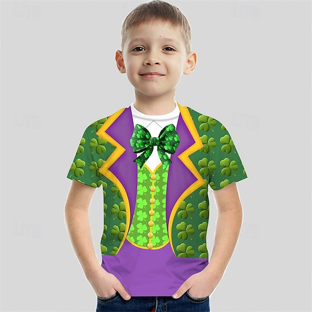  St. Patrick Jungen 3D Graphic Vierblättriges Kleeblatt T-Shirt Kurzarm Sommer Frühling Modisch Basic kinderkleidung 4-12 Jahre Rundhalsausschnitt Outdoor Casual Täglich Regular Fit