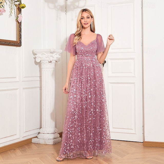  A-line večerní róba elegantní šaty na večírek plesové podlahové délky bez rukávů výstřih do V podzimní svatební host s tylovým žebříčkovým výstřihem s výšivkou