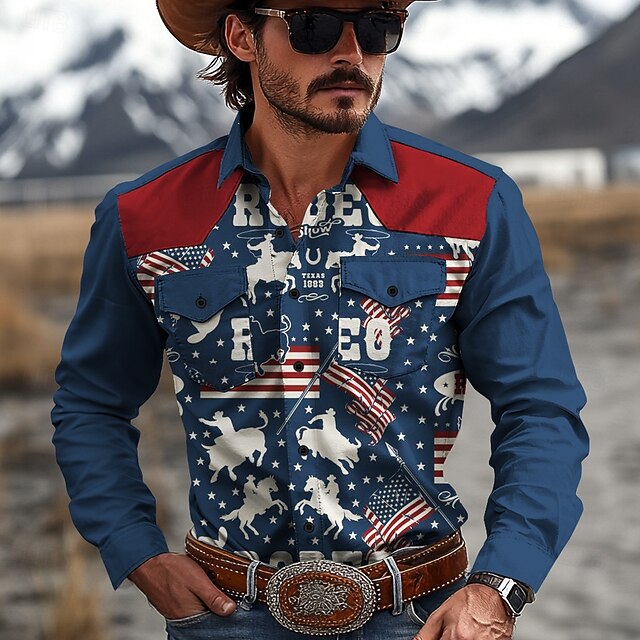 Men's American Flag Western Shirt Cowboy Shirt Long Sleeve Western Casual Spring Fall Turndown Button Up Blue4