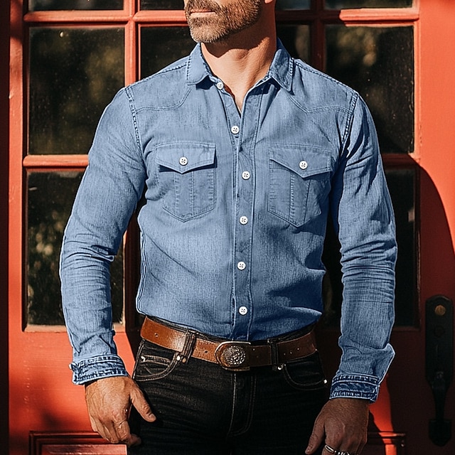  Per uomo Camicia Camicia in chambray Camicia in calicò Maglietta informale Camicia con bottoni Camicia di jeans Blu denim Nero Blu Azzurro Manica lunga Liscio Colletto Da mare Giornaliero