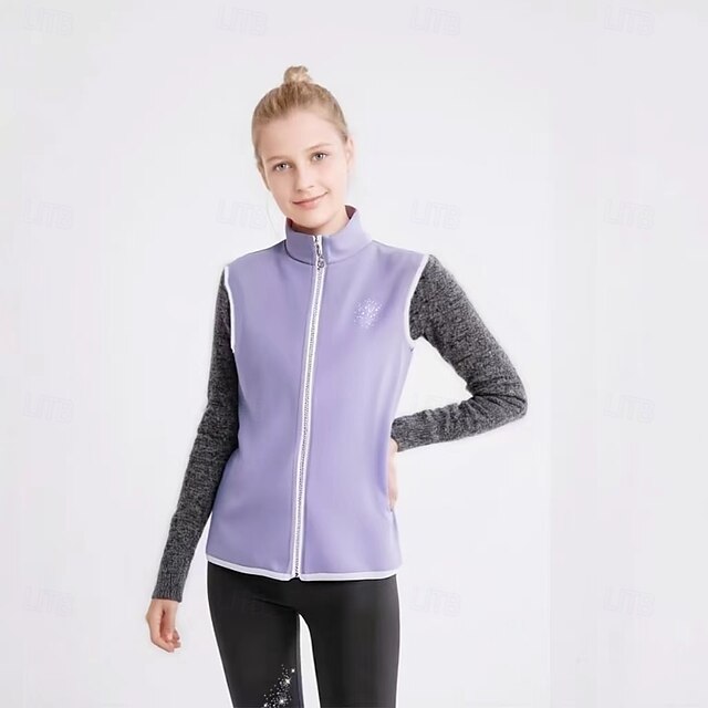  Figure Skating Fleece Jacket Figure Skating Jacket with Pants Women's Girls' Ice Skating Vest / Gilet Jacket Top Black Light Purple Patchwork Spandex Stretchy Training Practice Professional Skating