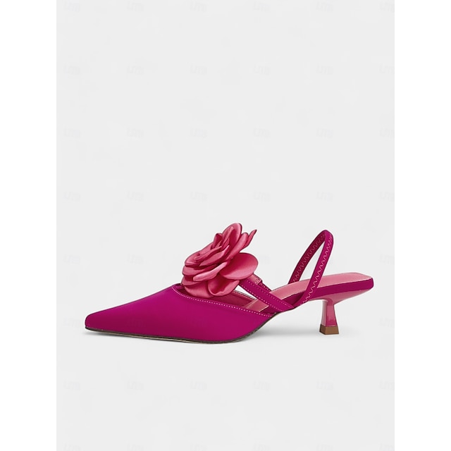  paarse satijnen slingback bruidsschoenen voor dames met rozenbloemdetail, puntige neus en lage hakken - elegante bruidshakken voor bruiloften en formele evenementen