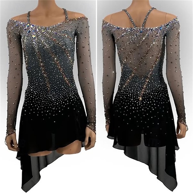  Kunstskøjtekjole Dame Pige Skøjteløb Kjoler Sort Assymetrisk søm Net Høj Elasticitet Træning Konkurrence Skøjtetøj Klassisk Krystal / Rhinsten Langærmet Is Skøjtning Kunstskøjteløb