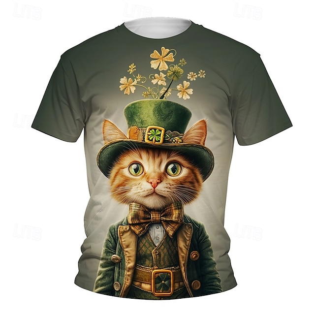  St Patrick Pojkar 3D Grafisk Katt T-shirt Kortärmad Sommar Vår Mode Grundläggande Barn 4-12 år Rund hals Utomhus Ledigt Dagligen Normal