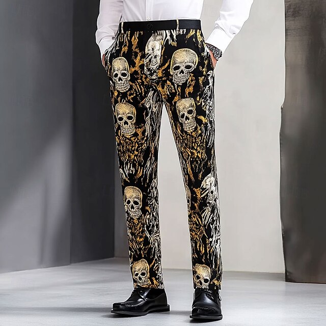 Men's Cool Skulls Dress Pants Trousers Mid Waist Casual Vintage Retro Outdoor Vacation Streetwear with Pockets Slim Fit Flat-Front Summer Spring Fall 3D Print Black4