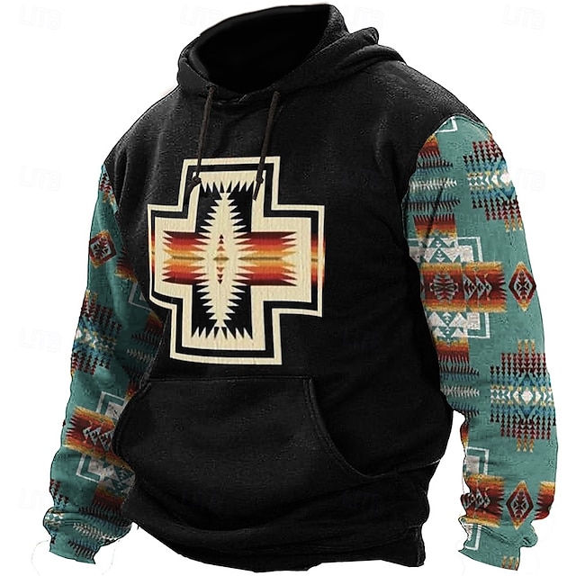  Homens asteca Cowboy Moletons Moletom Étnico Vaqueiro Manga Longa Gola Redonda Feriado Streetwear Preto Azul Com Cordão Outono Inverno Designer