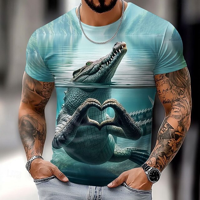 Men's Crocodile Funny T Shirt Short Sleeve T shirt 3D Print Crew Neck Shirt Exaggerated Designer Party Holiday Blue Summer Spring Clothing Apparel S M L XL XXL XXXL4