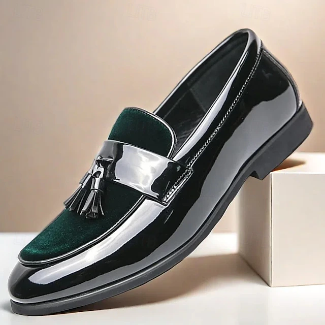 Men's Black Patent Faux Leather Tassel Loafers – Velvet Accent Slip-On Dress Shoes for Wedding and Formal Wear 15