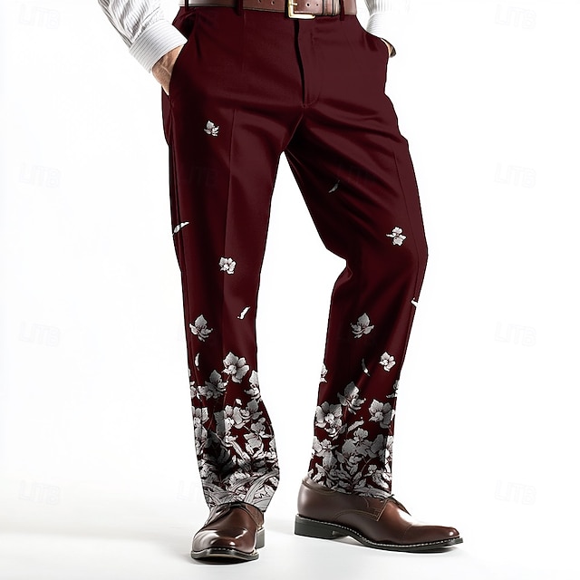  Herr Blomtryck Långbyxor Kostymbyxor Medium Midja Business Casual Bröllop Helgdag Pappas dag presenter Platt-Front Byxor med raka ben Sommar Vår Höst 3D-tryck Svart Vin Blå