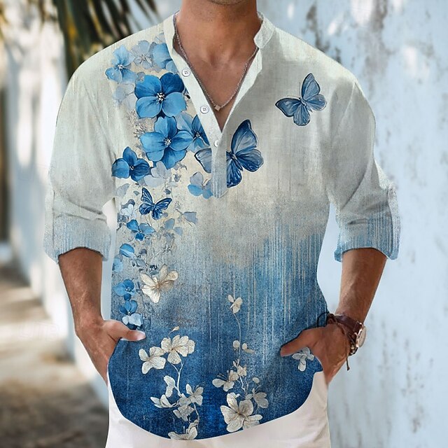 Men's Butterfly Summer Hawaiian Shirt Aloha Shirt Long Sleeve Hawaiian Resort Vacation Spring Fall V Neck Buttons Blue4
