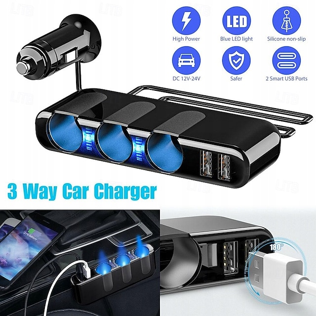  3cestná zásuvka do autozapalovače rozdělovač dual usb nabíječka do auta rozdělovač adaptér 5v 3.5a 120w univerzální zásuvka do zapalovače s LED světly vhodná pro telefony gps dvr nabíjení