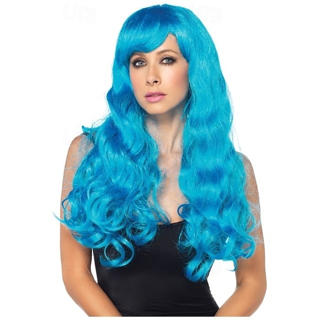  perruque longue bleu fluo pour carnaval