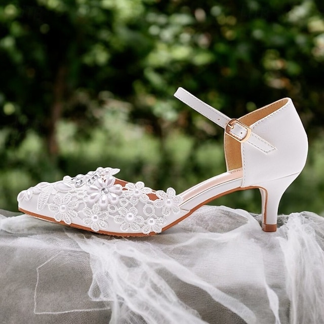  Women's White Lace Floral Embroidered Kitten Heel Shoes with Ankle Strap – Elegant Bridal Wedding Shoes