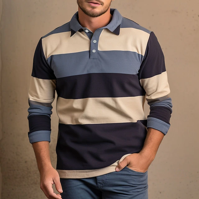 Men's Stripes Rugby Polo Cable Knit Polo Long Sleeve Polo Shirts Collared Shirts Casual Outdoor Athleisure 3D Print Spring Fall Blue4