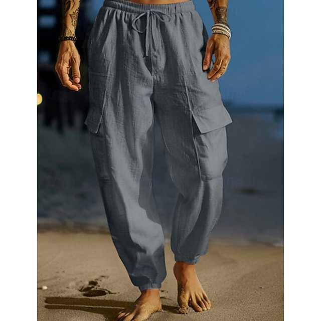  Homens Calça cargo Calças de linho Calça verão Calças de praia Com Cordão Cintura elástica Bolso multi Tecido Conforto Respirável Comprimento total Ao ar livre Diário Feriado Férias Moda Preto Branco