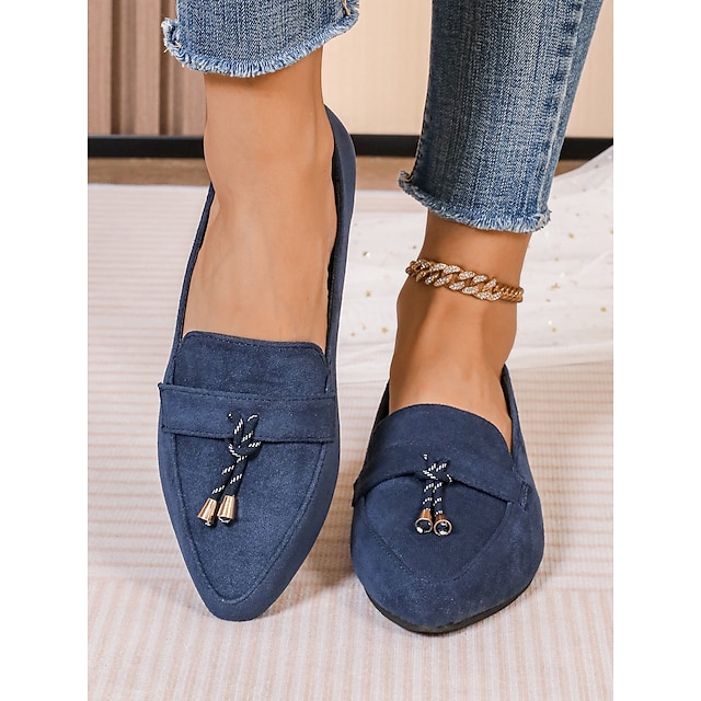  mocassins à pampilles en daim bleu pour femmes – chaussures à enfiler à bout pointu pour une tenue décontractée et formelle