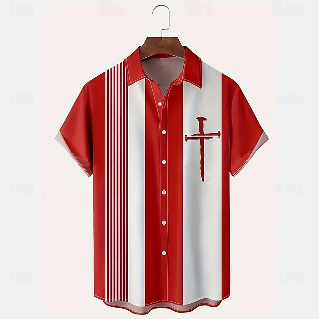 Men's Cross Bowling Shirt Button Up Shirt Short Sleeve Casual Causal Casual Summer Spring Turndown Button Up Red4