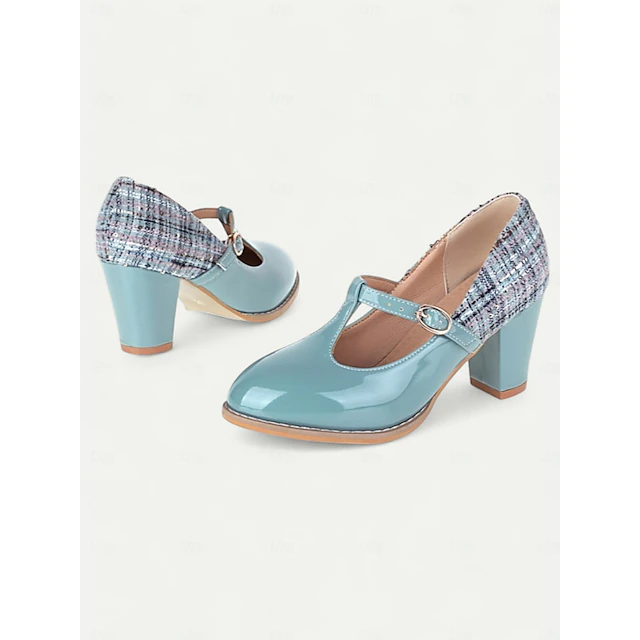 Women's Black Patent Mary Jane Heels with Gold Bouclé Detail, Elegant T-Strap Design for Formal Events and Office Wear 23