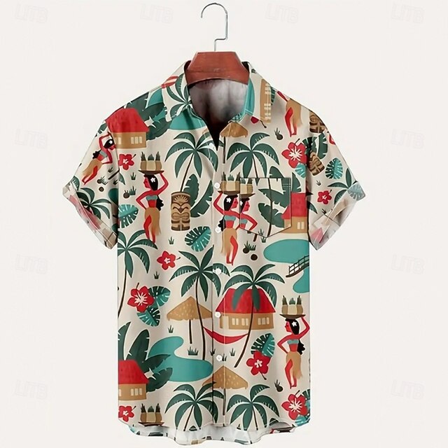 Men's Tribal Casual Shirt Button Up Shirt Short Sleeve Tribal Causal Casual Summer Spring Turndown Button Up Green4