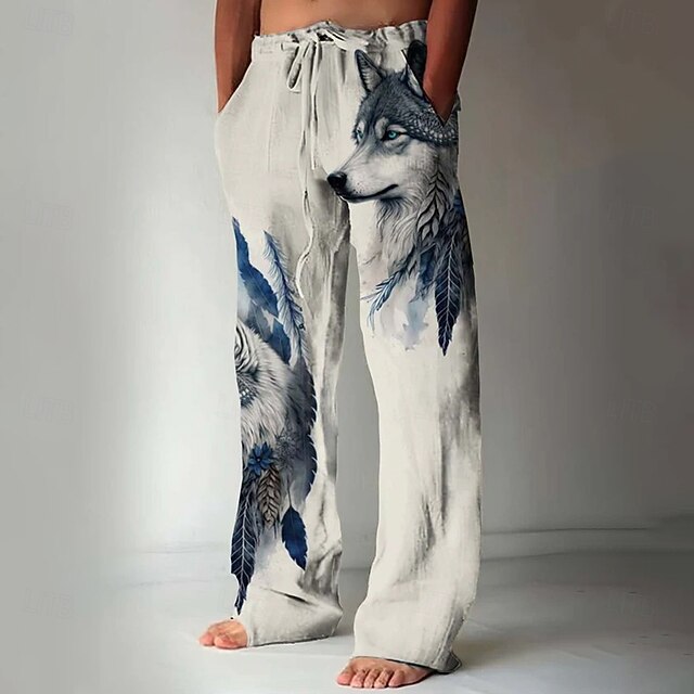 Men's Animal Wolf Pants Trousers Casual Pants Mid Waist Drawstring Elastic Waist Hawaiian Casual Vintage Retro Vacation Holiday Straight Leg Trousers Summer Spring Fall 3D Print White4