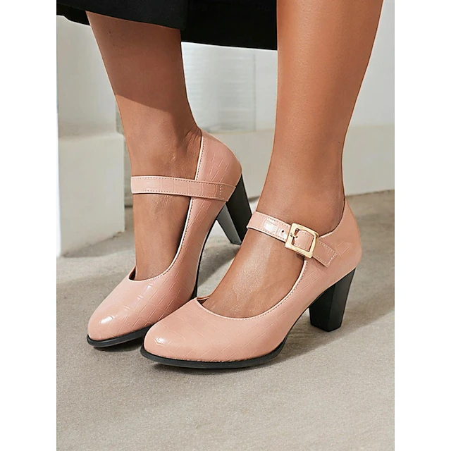 Women's Classic pink Mary Jane Pumps - Round Toe, Ankle Strap, Mid Block Heel, Office Workwear 18