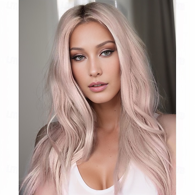  perruques inspirées de kim kardashian perruque synthétique perruque asymétrique droite longue rose cheveux synthétiques design à la mode pour femmes rose naturel doux