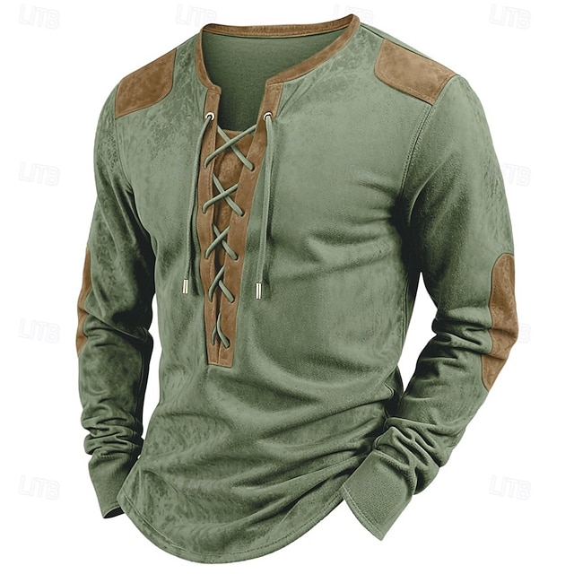  Hombre Camiseta con diseño de gofre Camiseta Camisa henley gofrada Manga Larga cuello con cordones Otoño Color sólido Tradicional / Retro Casual Retazos Bolsillo Exterior Hogar Deporte Rojo Azul