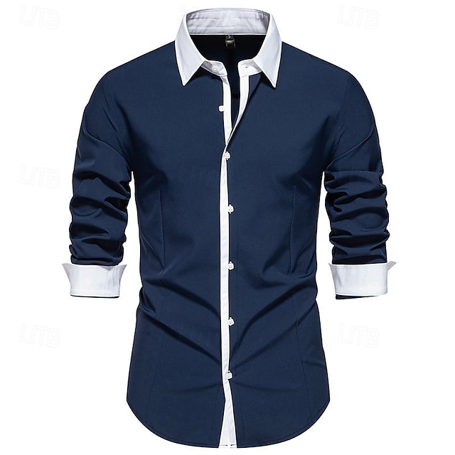  Herren Hemd Oberhemd Knopfhemd Farbblock Hochzeit Party Schwarz Weiß Marineblau Blau Langarm Kargen Frühling & Herbst Bekleidung