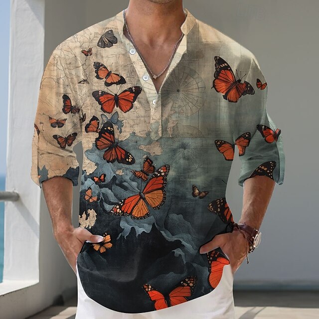 Men's Butterfly Casual Shirt Button Up Shirt Long Sleeve Fashion Casual Causal Casual Spring Fall V Neck Buttons Dark Blue4