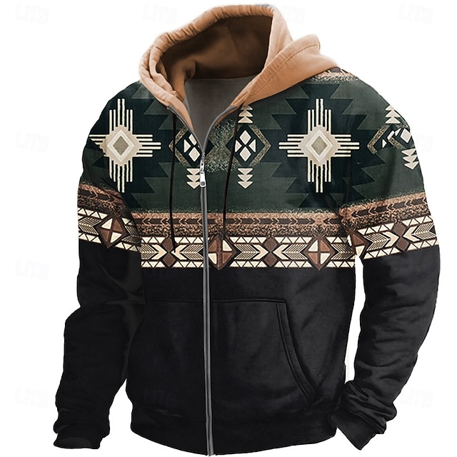 Men's Full Zip Hoodie Jacket Brown Brown 2 Gray Hooded Graphic Prints - View #10
