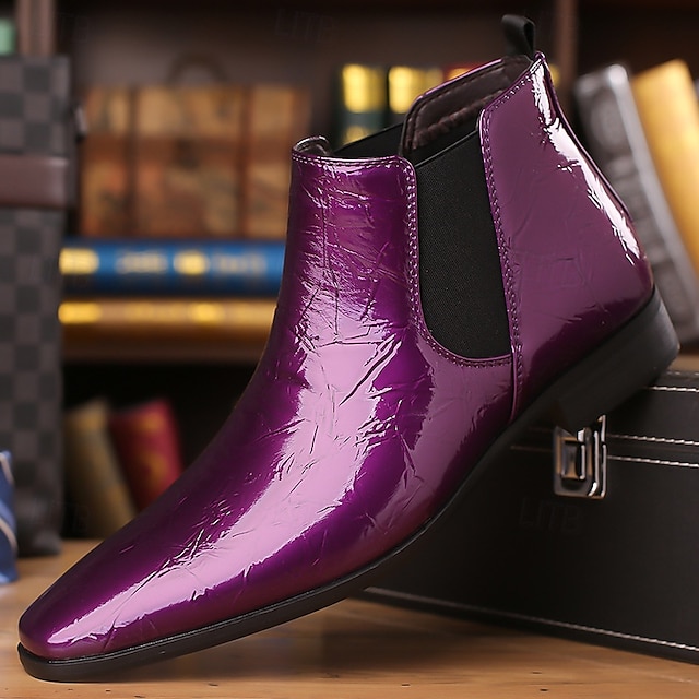  Botines Chelsea de piel sintética de charol morado para hombre con elásticos: calzado elegante, formal e informal